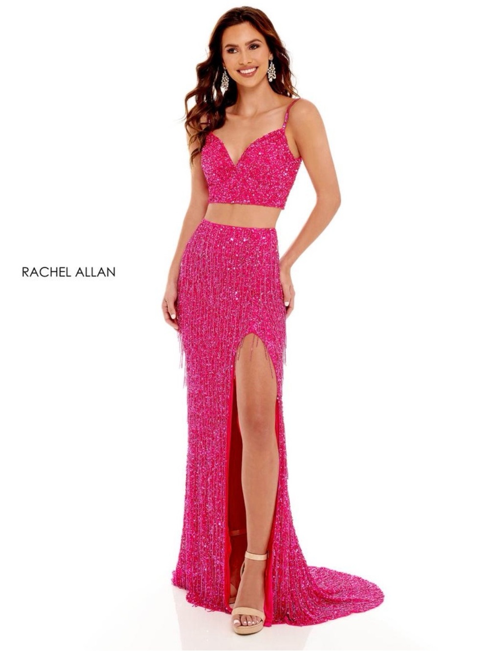 Rachel Allan Hot Pink Beaded Two-Piece Gown 70137